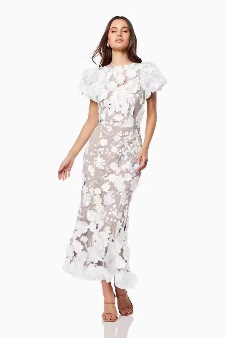 Stunning 2025 Floral Embroidered Dress – Elegant Puff Sleeve & High Waist Design