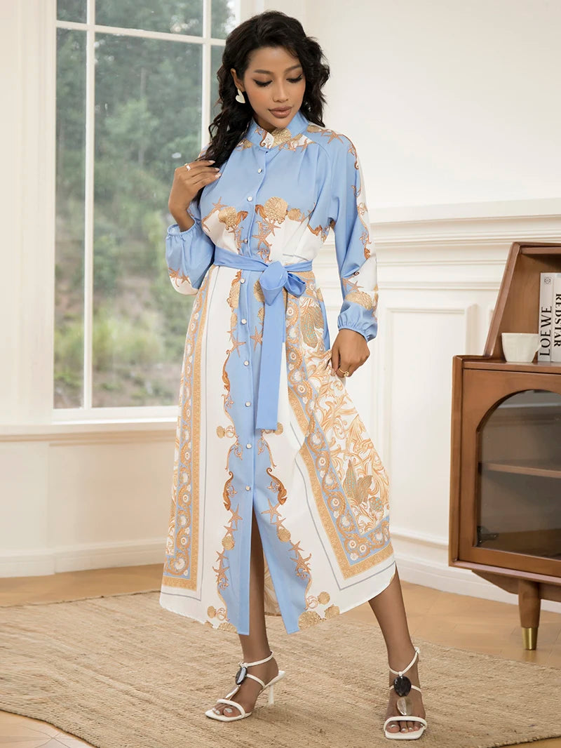 Elegant Women’s Long-Sleeve Dress with Belt – Chic Geometric Print for Any Season