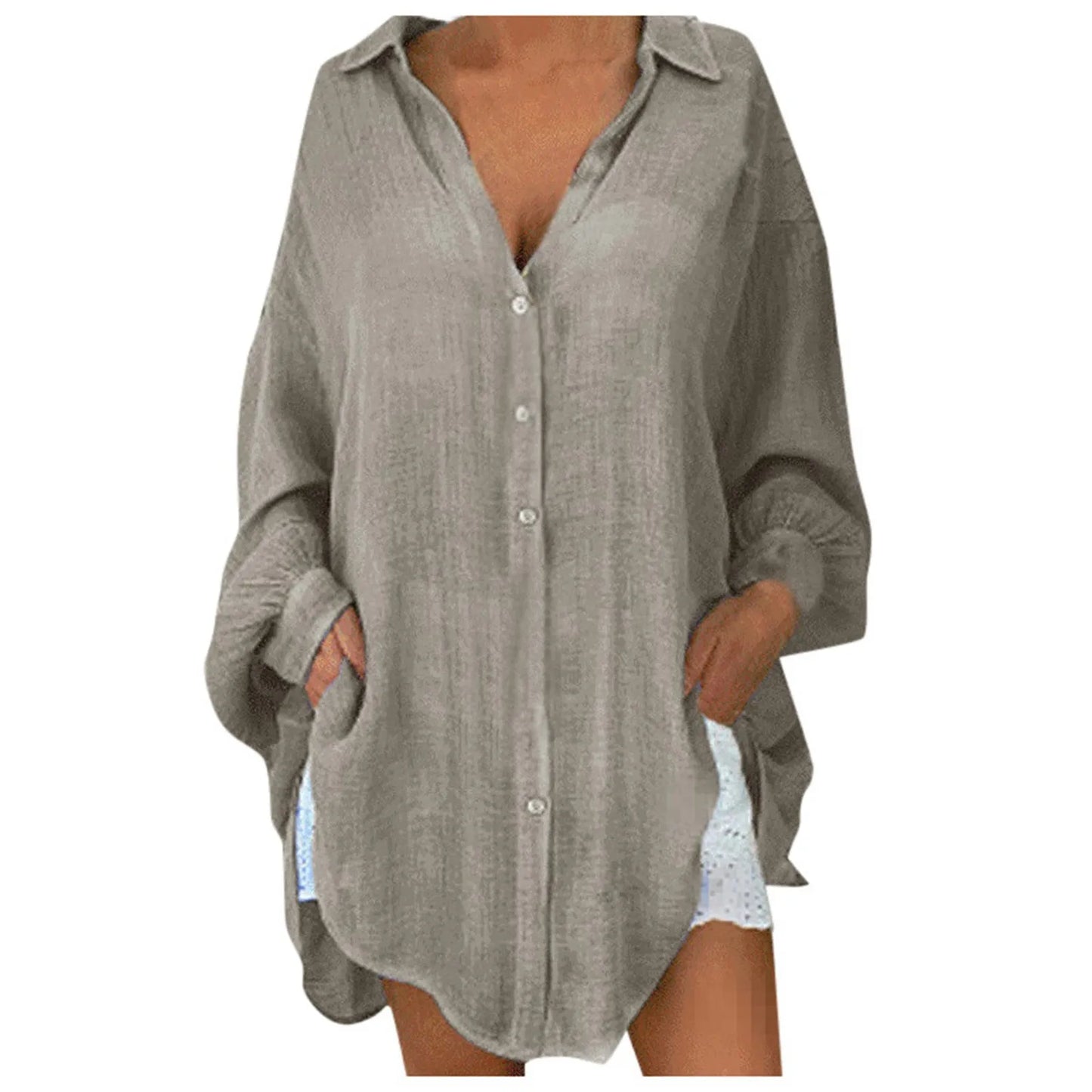 Loose Linen Shirts for Women Solid Color Cotton Linen Bohomian Style Long Sleeve Loose Casual Blouse Lapel Neck Large Size Shirt
