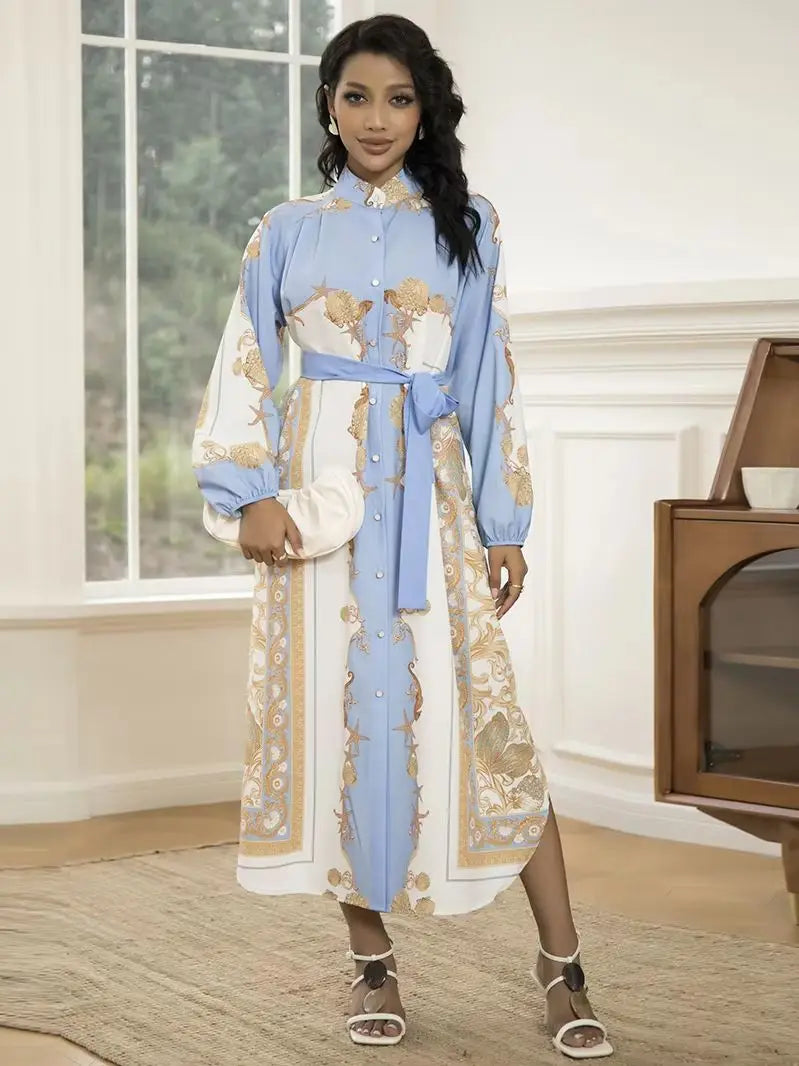 Elegant Women’s Long-Sleeve Dress with Belt – Chic Geometric Print for Any Season