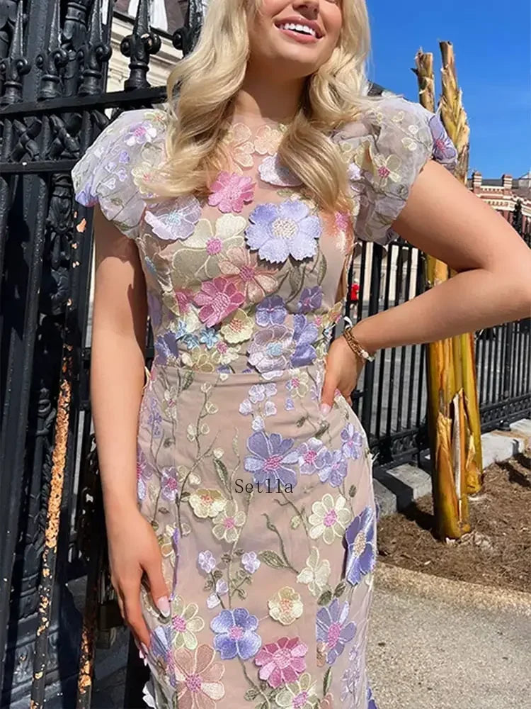 Stunning 2025 Floral Embroidered Dress – Elegant Puff Sleeve & High Waist Design