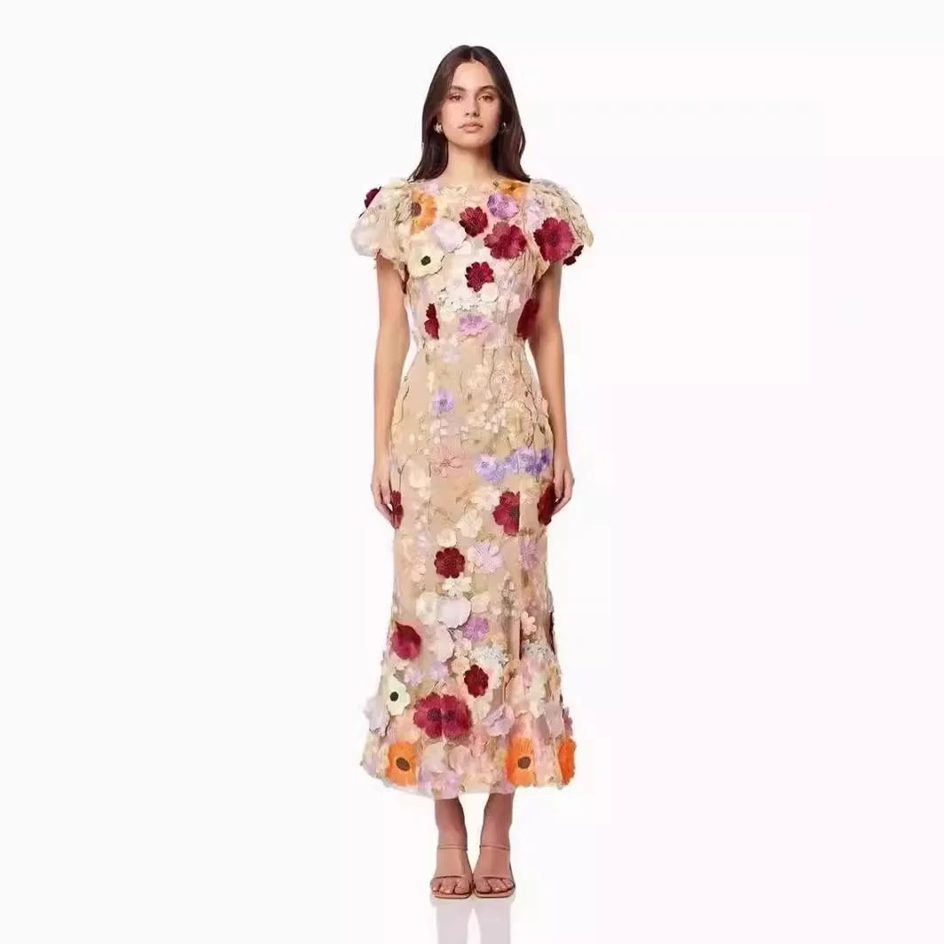 Stunning 2025 Floral Embroidered Dress – Elegant Puff Sleeve & High Waist Design