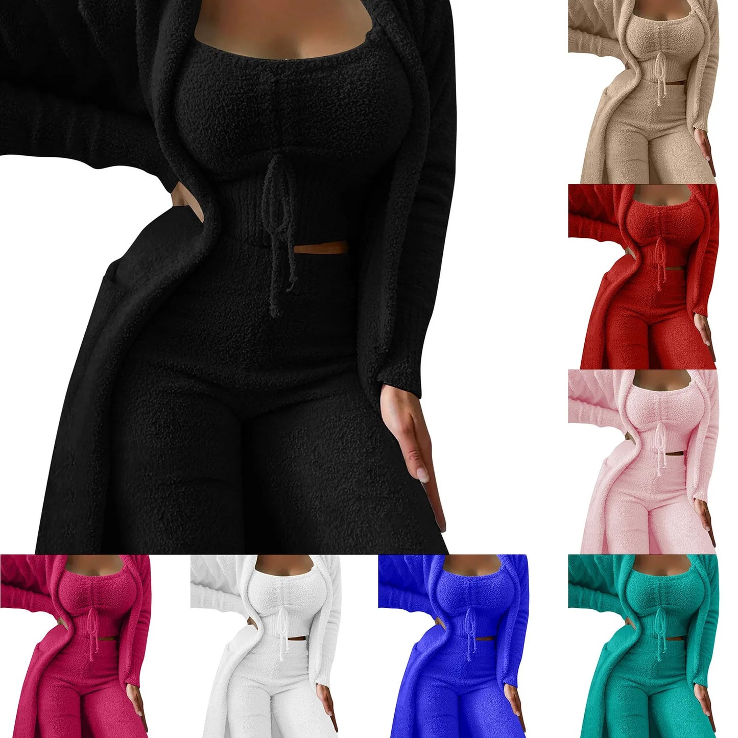 3 Pieces Softest Women’s Loungewear: Fleece Kimono & Pants Outfit