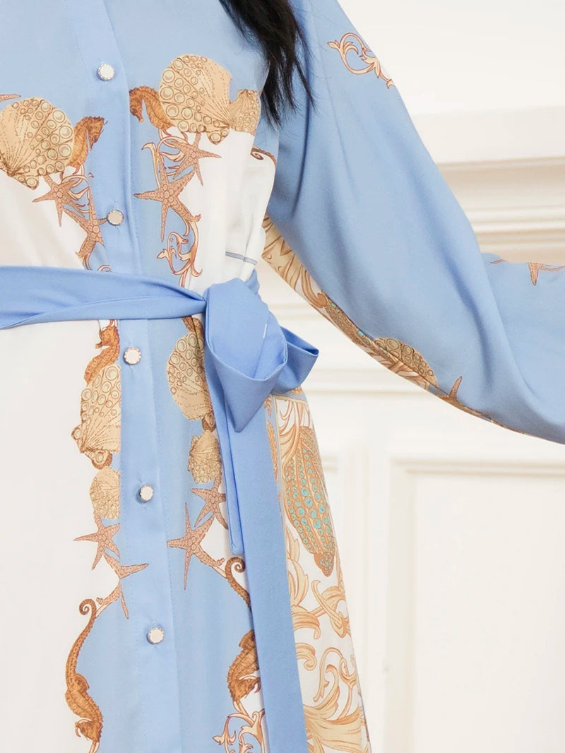 Elegant Women’s Long-Sleeve Dress with Belt – Chic Geometric Print for Any Season