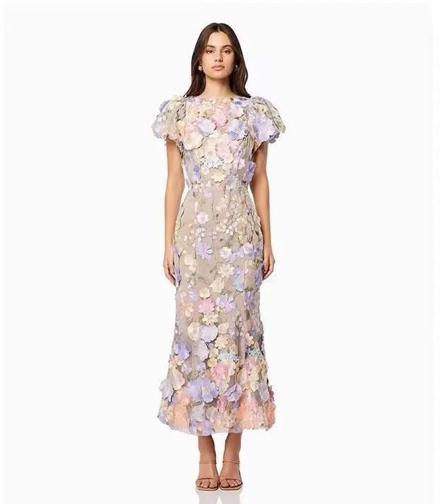 Stunning 2025 Floral Embroidered Dress – Elegant Puff Sleeve & High Waist Design