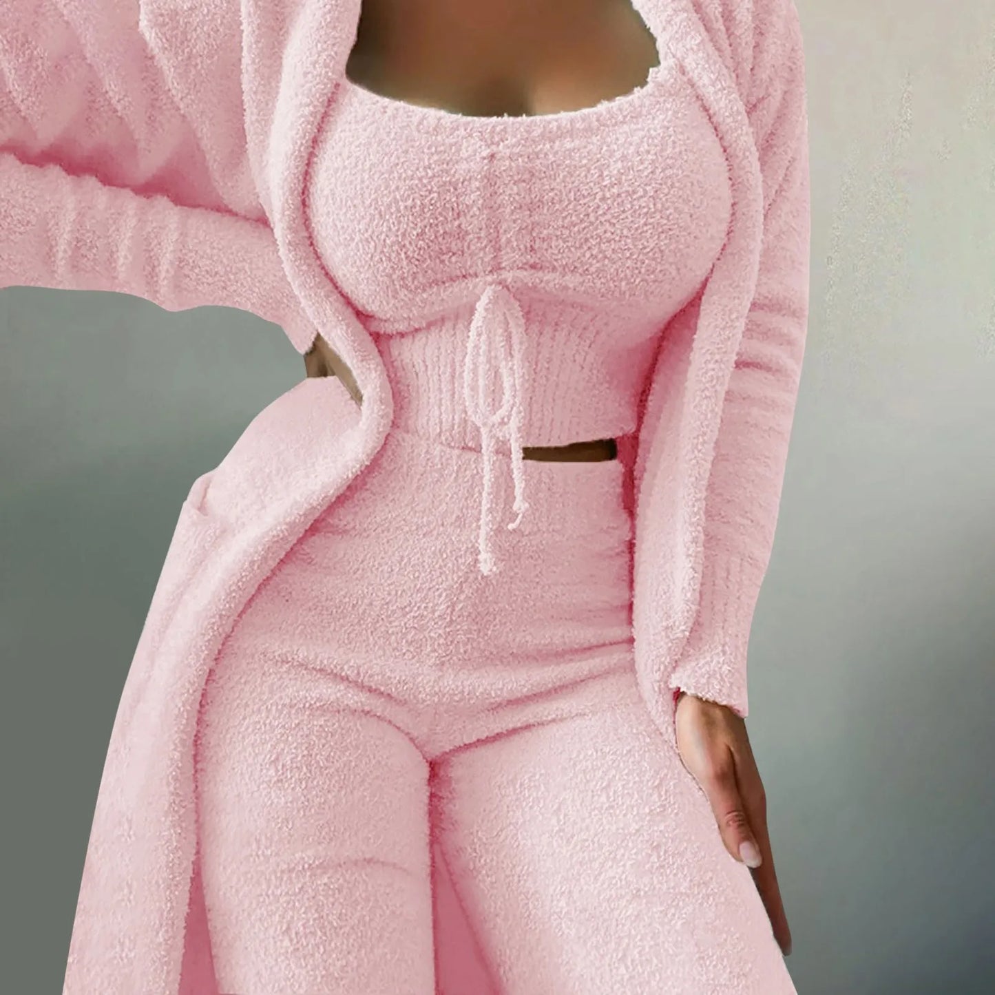 3 Pieces Softest Women’s Loungewear: Fleece Kimono & Pants Outfit