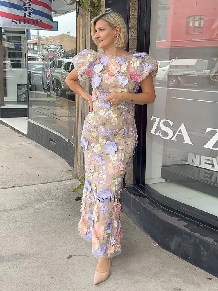Stunning 2025 Floral Embroidered Dress – Elegant Puff Sleeve & High Waist Design