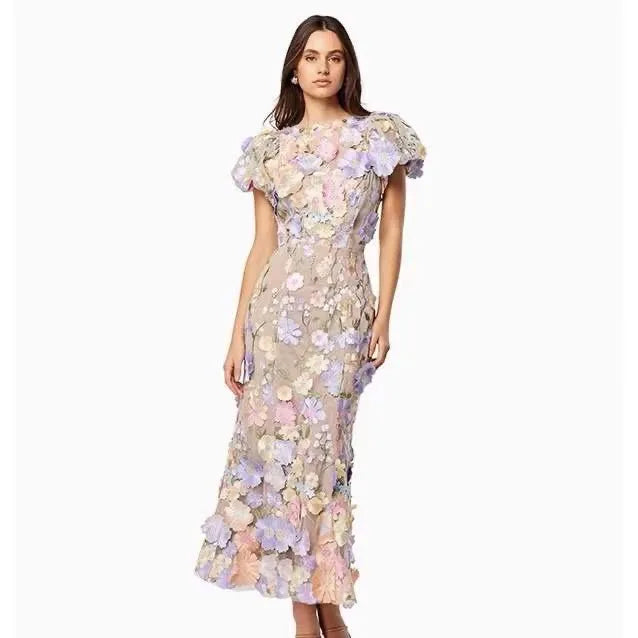 Stunning 2025 Floral Embroidered Dress – Elegant Puff Sleeve & High Waist Design