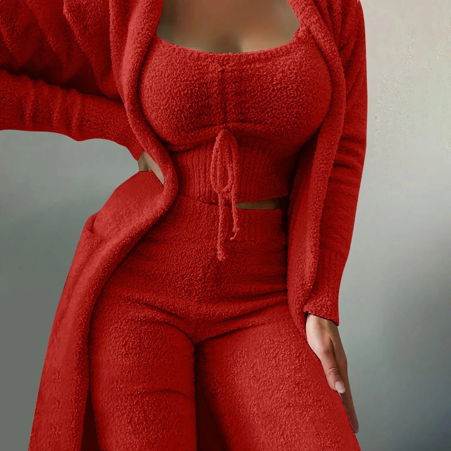 3 Pieces Softest Women’s Loungewear: Fleece Kimono & Pants Outfit