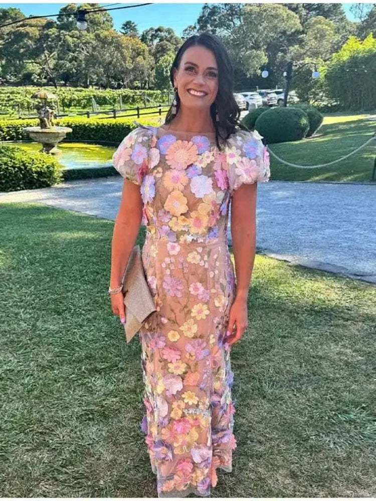 Stunning 2025 Floral Embroidered Dress – Elegant Puff Sleeve & High Waist Design
