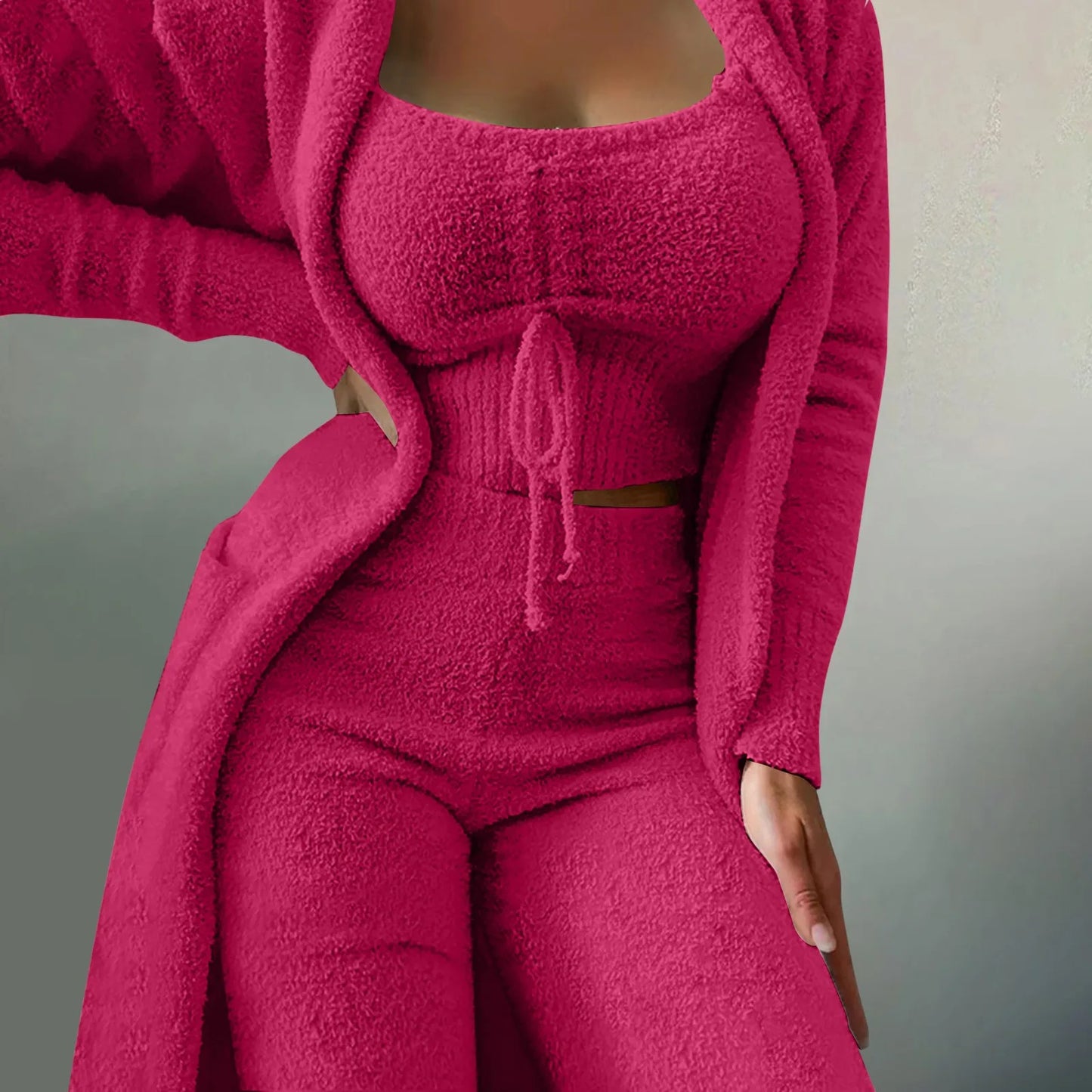 3 Pieces Softest Women’s Loungewear: Fleece Kimono & Pants Outfit