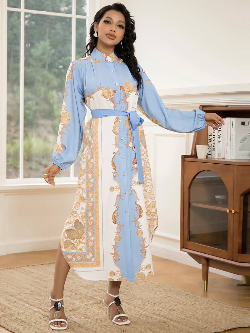 Elegant Women’s Long-Sleeve Dress with Belt – Chic Geometric Print for Any Season