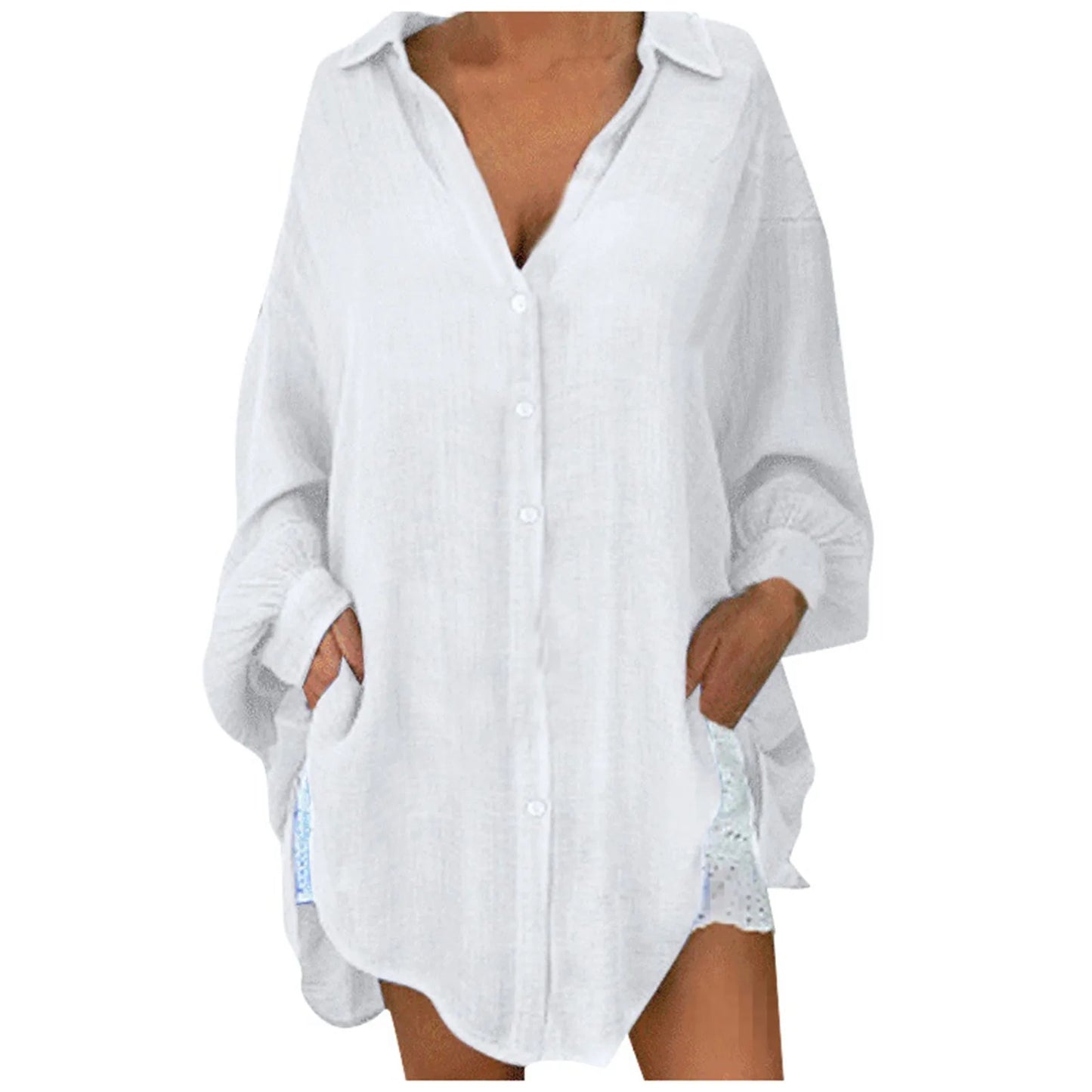 Loose Linen Shirts for Women Solid Color Cotton Linen Bohomian Style Long Sleeve Loose Casual Blouse Lapel Neck Large Size Shirt