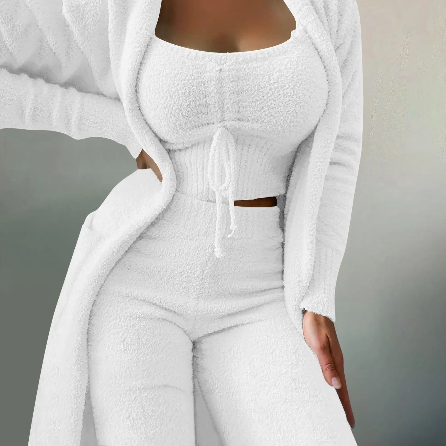 3 Pieces Softest Women’s Loungewear: Fleece Kimono & Pants Outfit