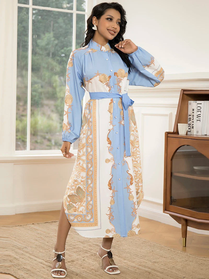 Elegant Women’s Long-Sleeve Dress with Belt – Chic Geometric Print for Any Season