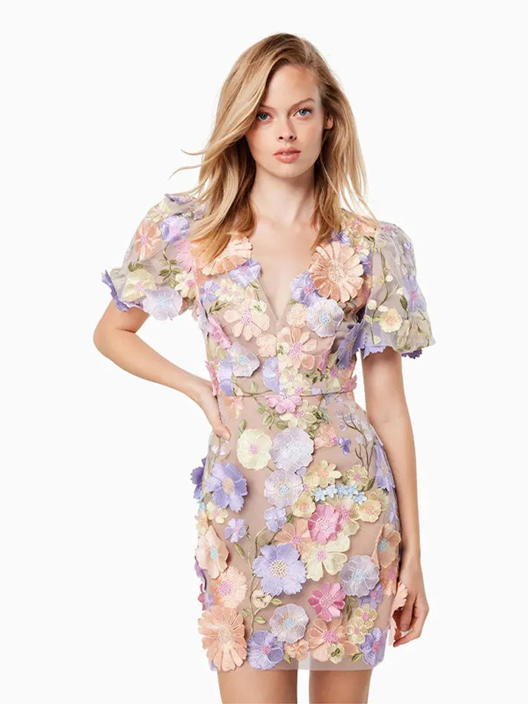 Stunning 2025 Floral Embroidered Dress – Elegant Puff Sleeve & High Waist Design
