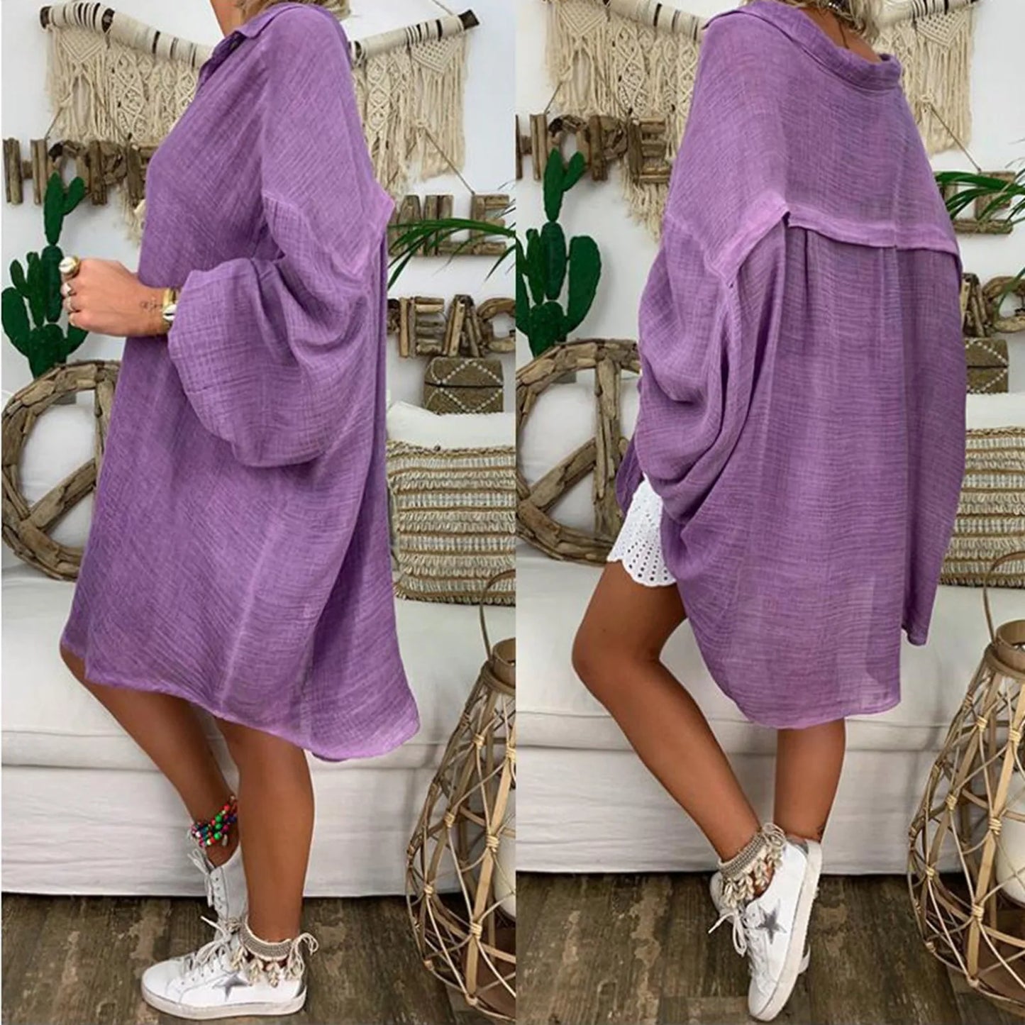 Loose Linen Shirts for Women Solid Color Cotton Linen Bohomian Style Long Sleeve Loose Casual Blouse Lapel Neck Large Size Shirt
