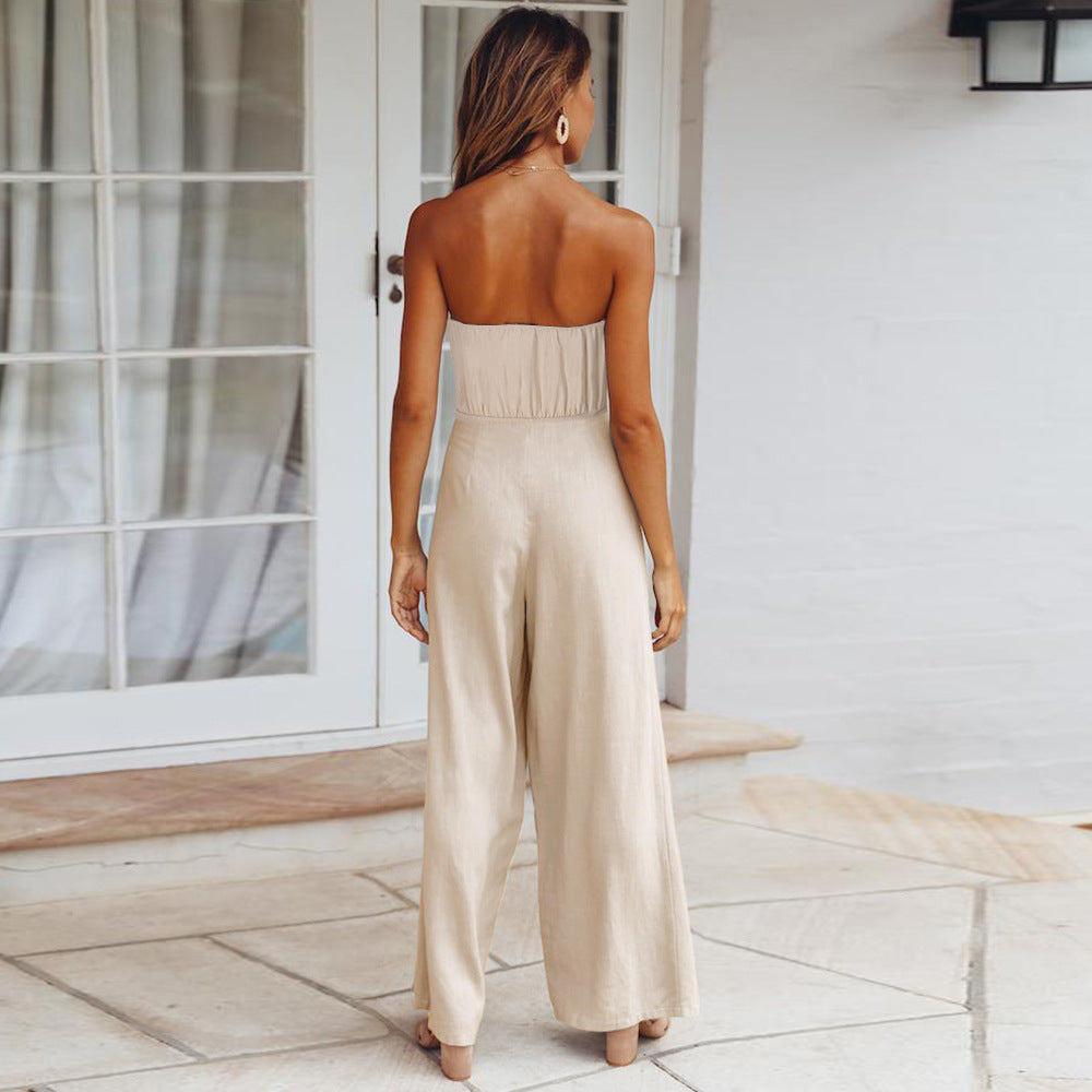 2025 Women Casual Strappy Jumpsuit Strapless Straight Pants