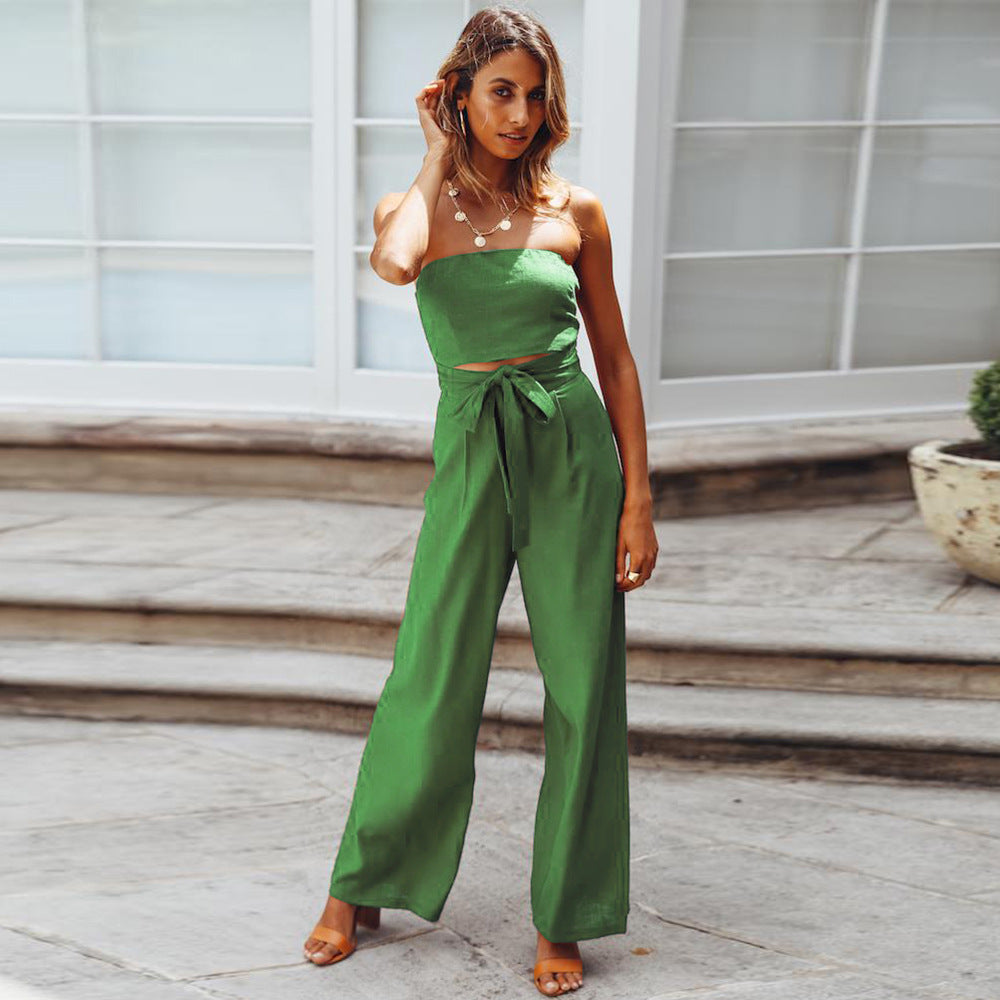 2025 Women Casual Strappy Jumpsuit Strapless Straight Pants
