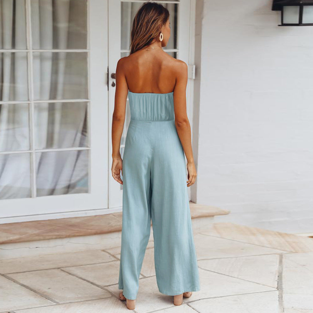 2025 Women Casual Strappy Jumpsuit Strapless Straight Pants