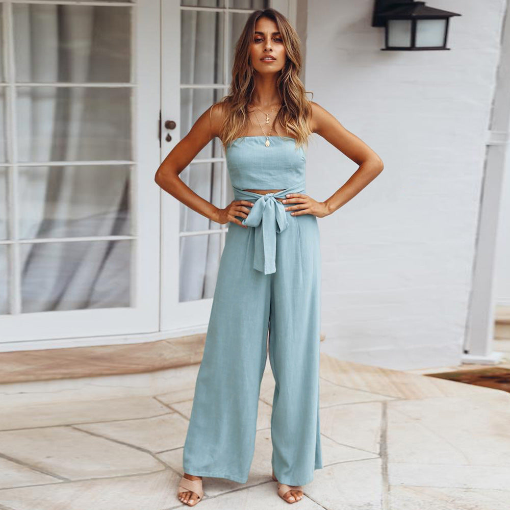 2025 Women Casual Strappy Jumpsuit Strapless Straight Pants