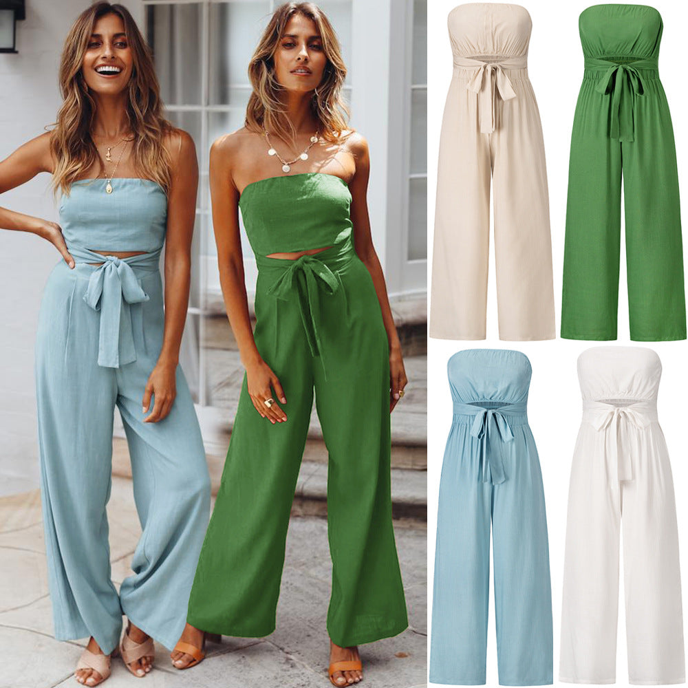 2025 Women Casual Strappy Jumpsuit Strapless Straight Pants
