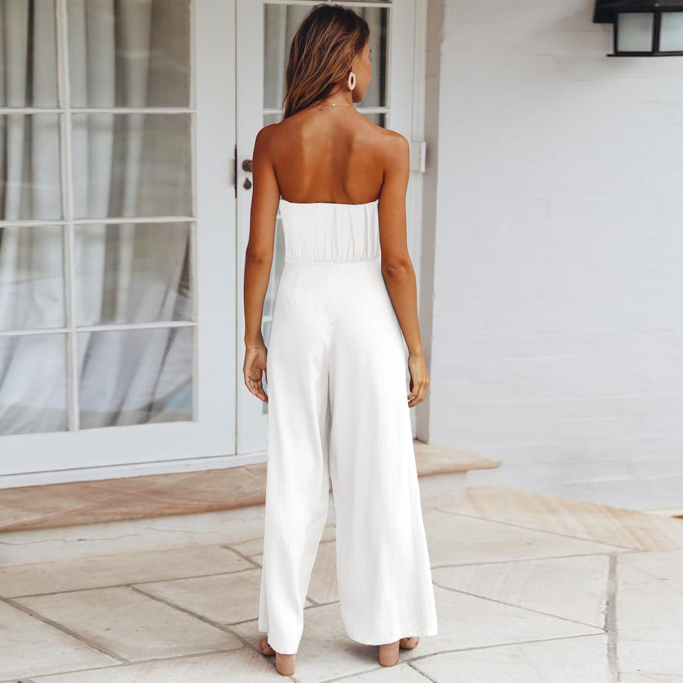 2025 Women Casual Strappy Jumpsuit Strapless Straight Pants