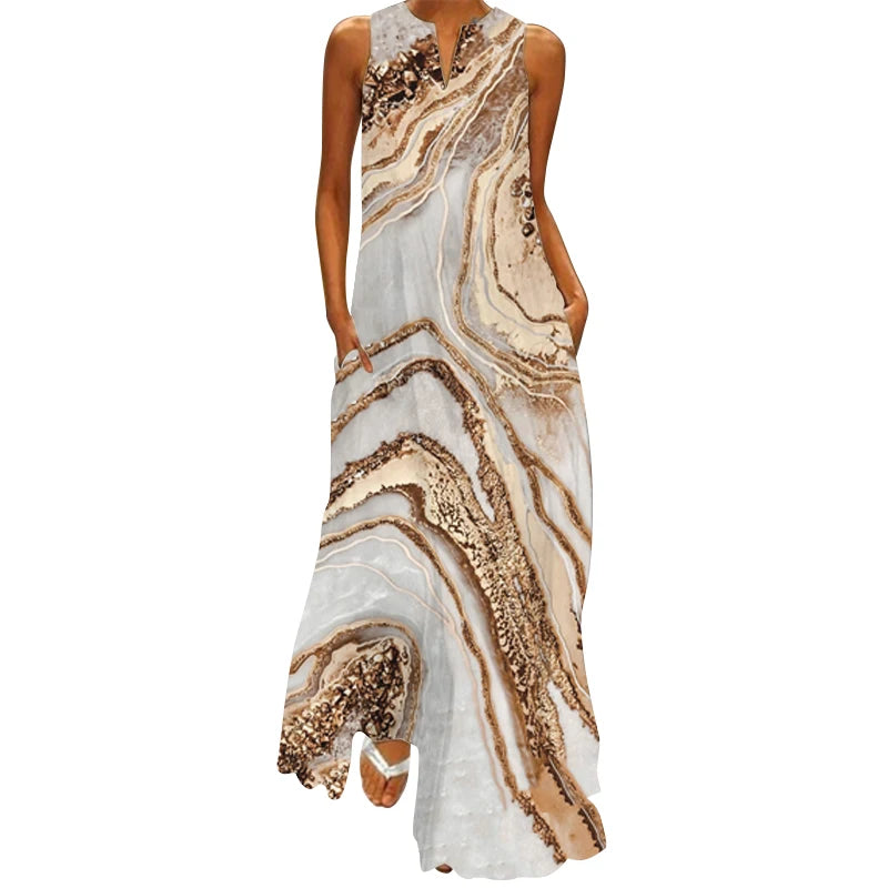2025 New Summer Women's Sleeveless V-Neck Printed Dress – Sexy & Stylish Long Dress