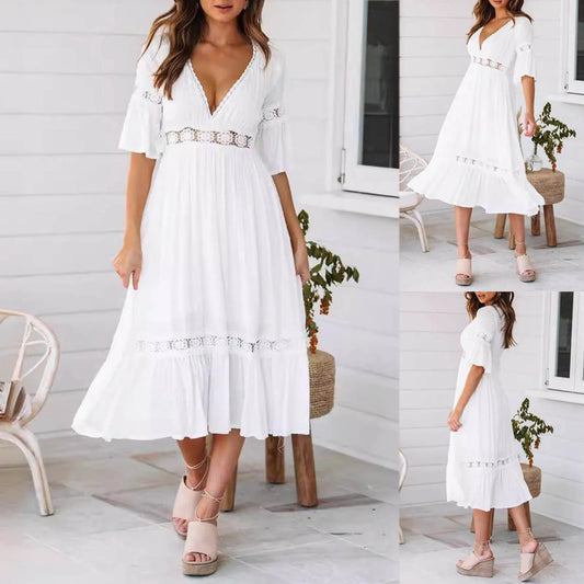 Stay Cool & Stylish in This Elegant Deep V-Neck Lace Dress