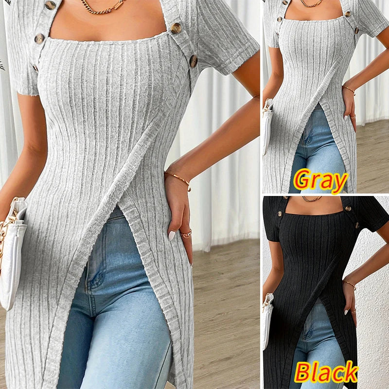 2025  Women Stylish Split Hem Blouse Summer Square Neck Short Sleeve Work Shirt Ribbed Long Tops Casual Holiday Party Tees