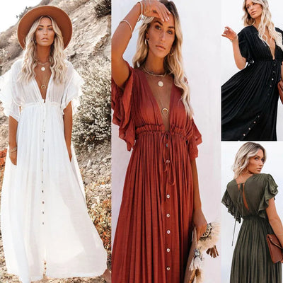 Stylish Women’s Summer Long Dress with Waist Ties and Short Sleeves