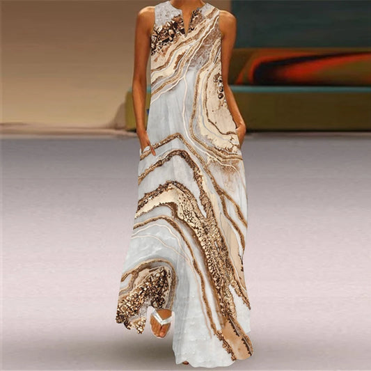 2025 New Summer Women's Sleeveless V-Neck Printed Dress – Sexy & Stylish Long Dress