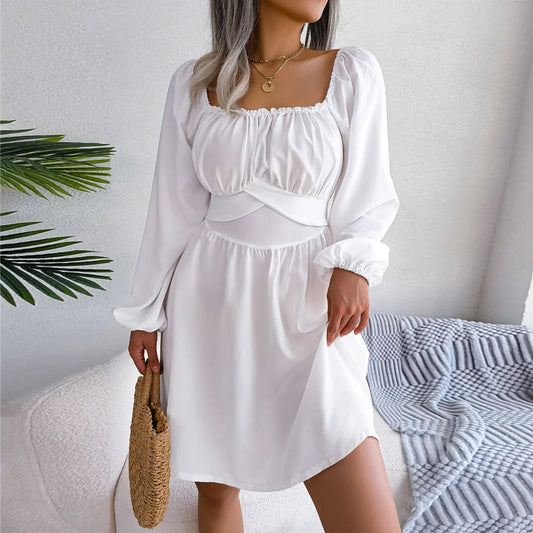Women’s White Silk A-Line Dress – Perfect Square Neck & Ruched Sleeves