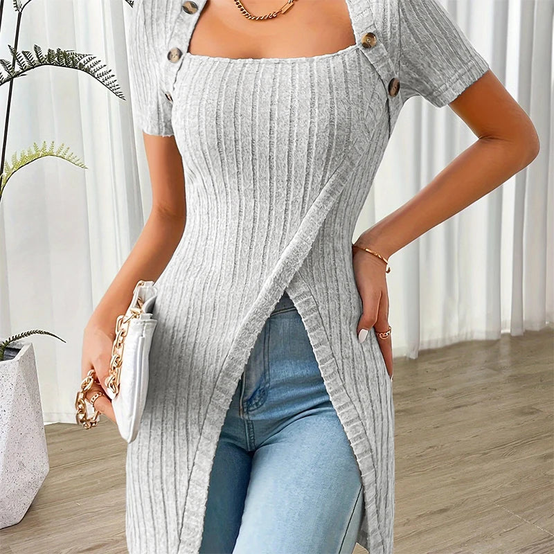 2025  Women Stylish Split Hem Blouse Summer Square Neck Short Sleeve Work Shirt Ribbed Long Tops Casual Holiday Party Tees