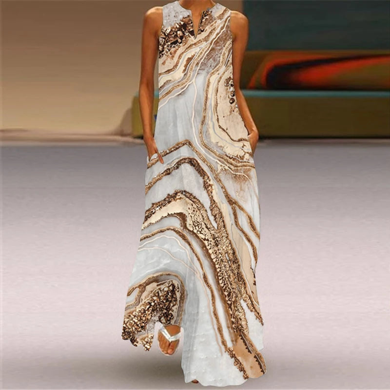 2025 New Summer Women's Sleeveless V-Neck Printed Dress – Sexy & Stylish Long Dress